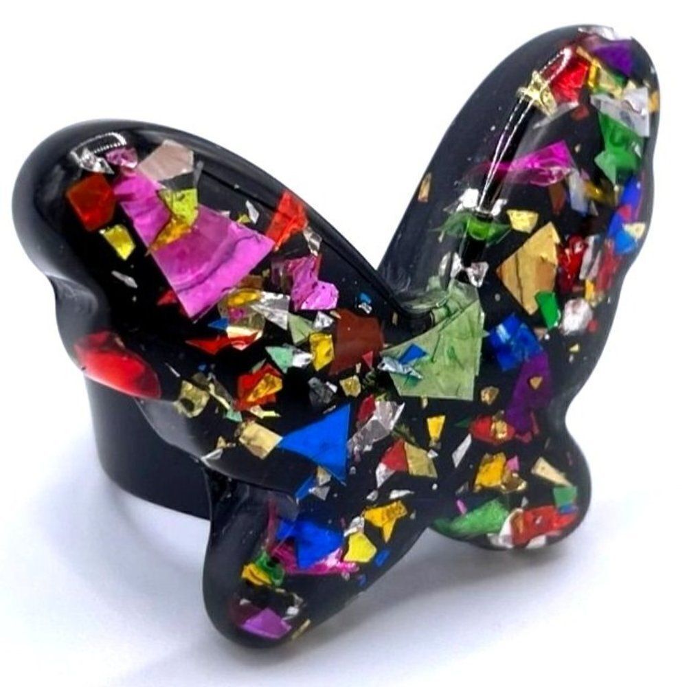 Black with Multicolor Confetti Glitter Chunky Butterfly Acrylic Ring Size 8